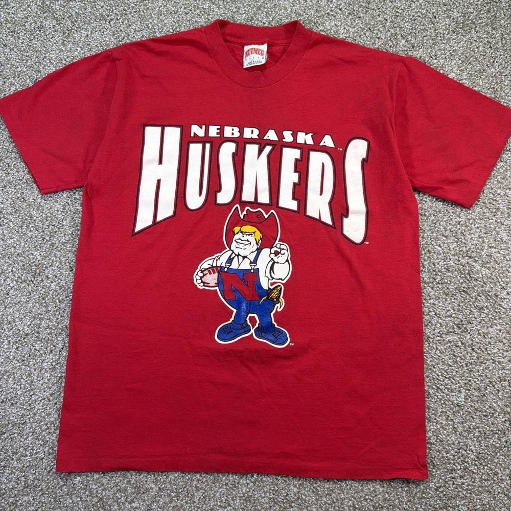 Vintage Nebraska Cornhuskers Shirt 90s Nutmeg Spellout Mascot Tee Size Large